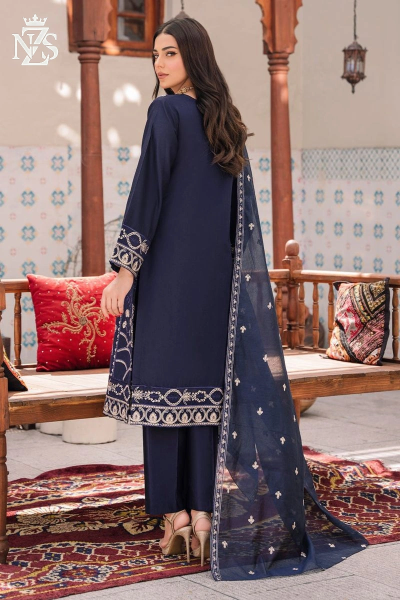 NZS LUXE Embroidered Khaddi 3-Piece Stitched Suit in Navy blue - image 3