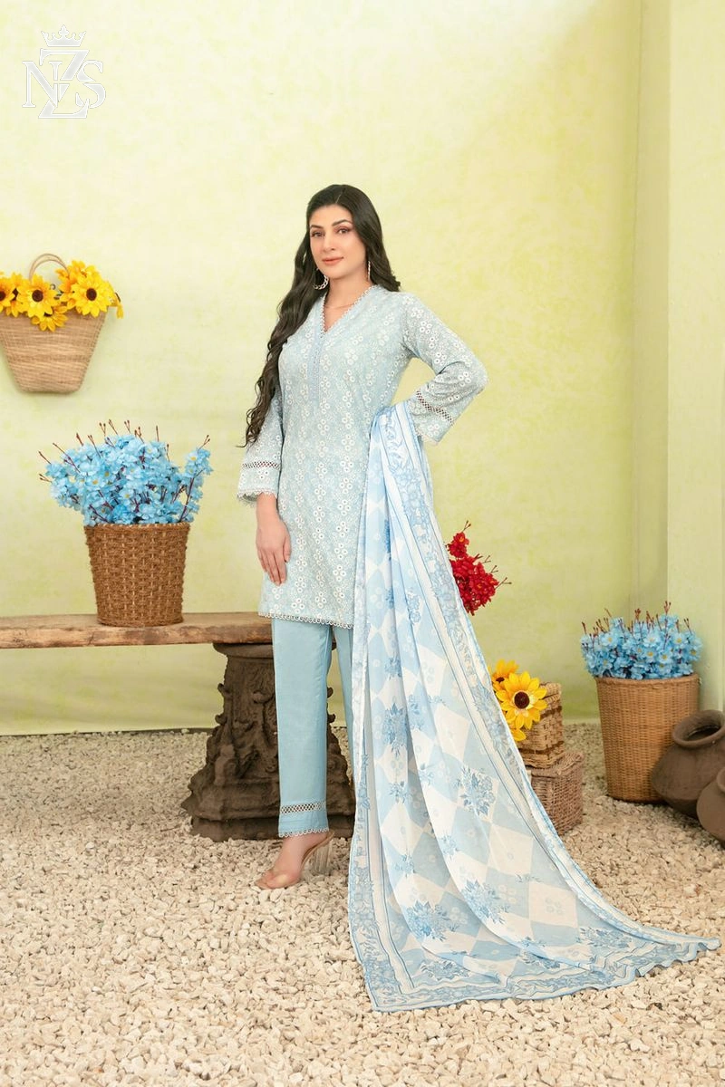 NZS LUXE Schiffli Embroidered Lawn 3-Piece Stitched Suit in Ice blue - image 1