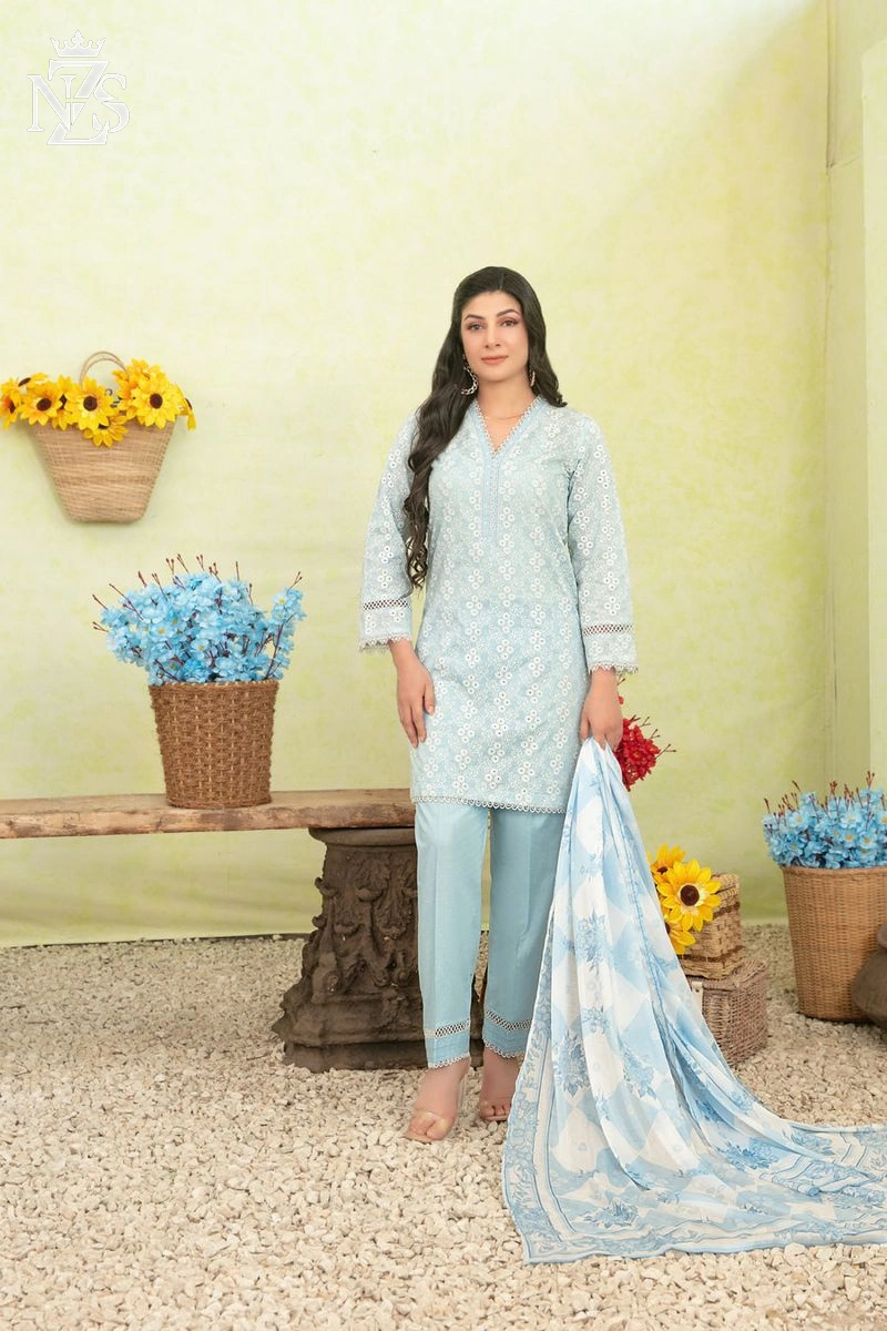 NZS LUXE Schiffli Embroidered Lawn 3-Piece Stitched Suit in Ice blue - image 2