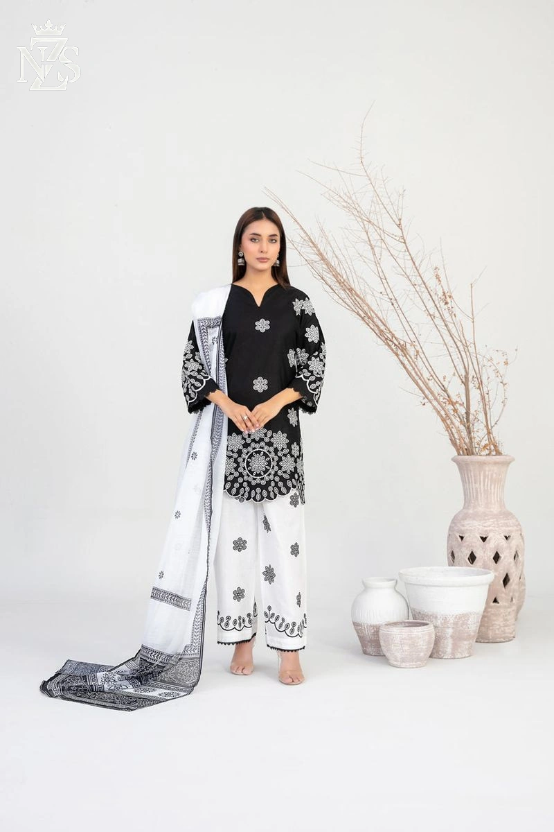 NZS LUXE Embroidered Cotton 3-Piece Stitched Suit in Black and white - image 1