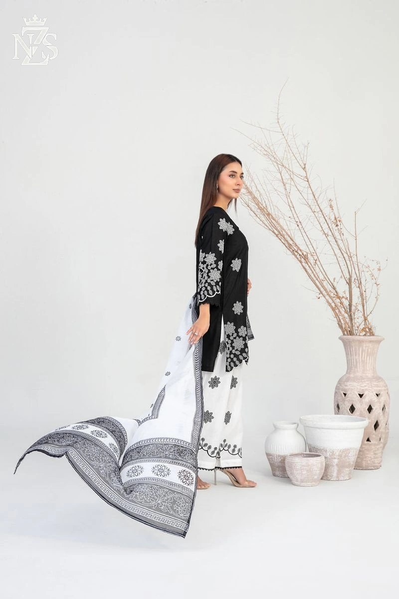NZS LUXE Embroidered Cotton 3-Piece Stitched Suit in Black and white - image 2