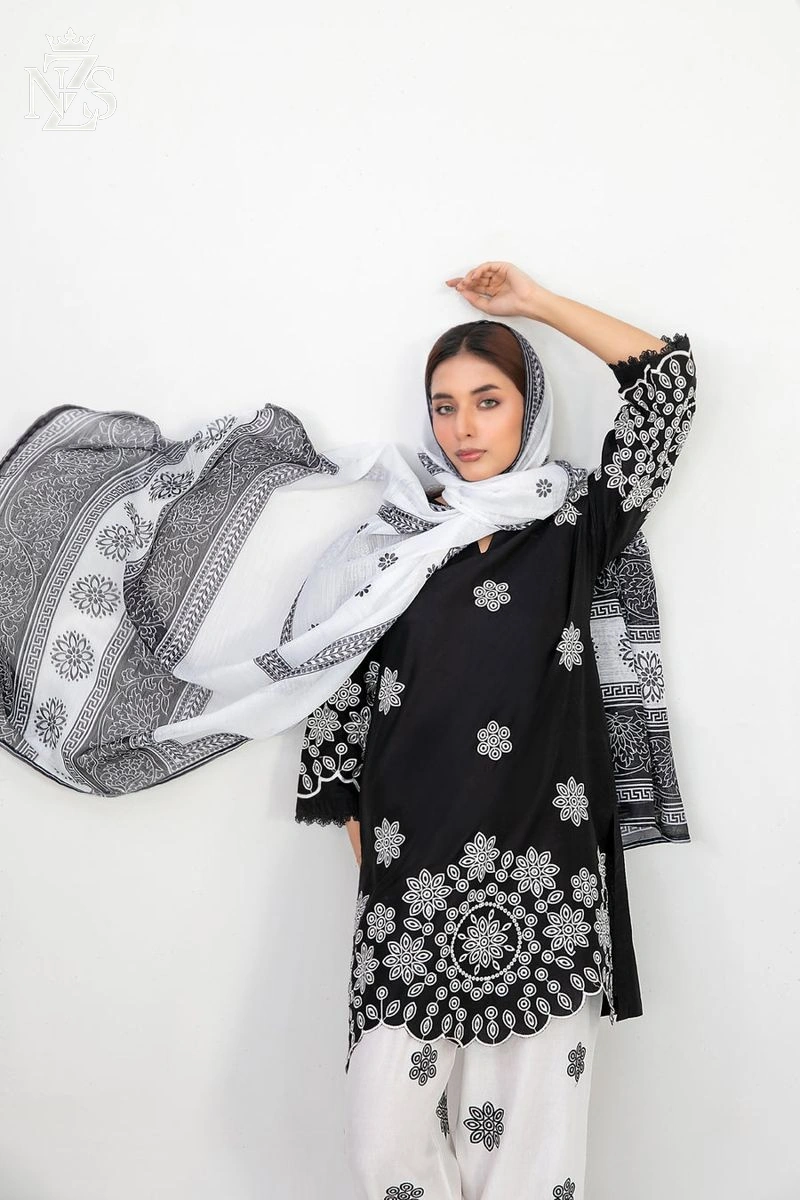 NZS LUXE Embroidered Cotton 3-Piece Stitched Suit in Black and white - image 3
