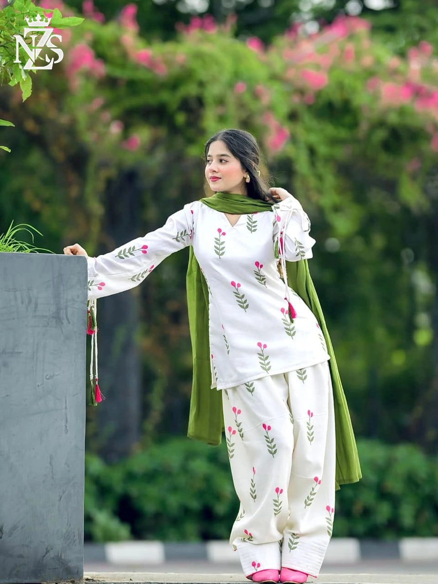 NZS LUXE Embroidered Lawn Kurta 3-Piece Stitched Suit in White with green - image 1