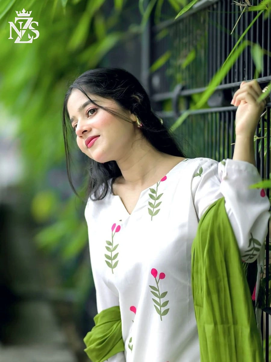 NZS LUXE Embroidered Lawn Kurta 3-Piece Stitched Suit in White with green - image 2
