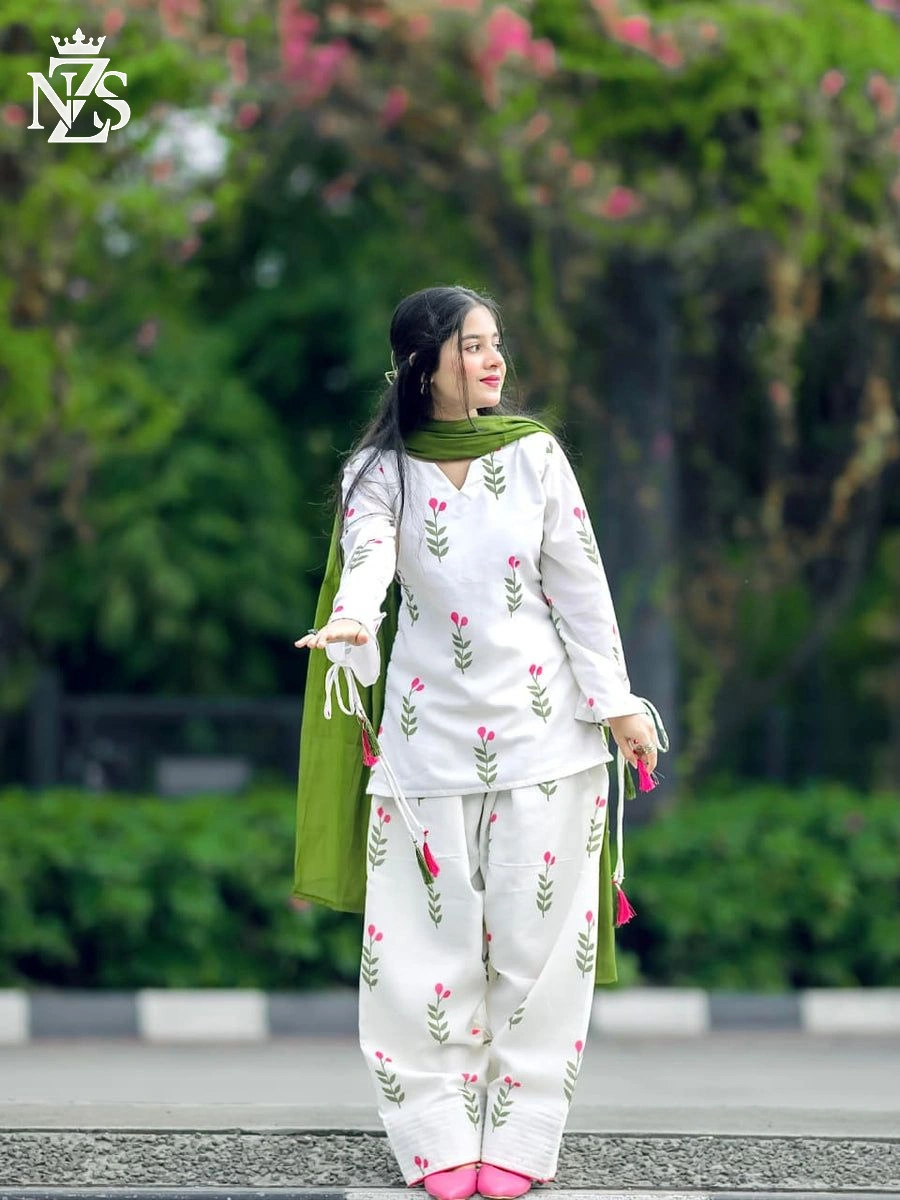 NZS LUXE Embroidered Lawn Kurta 3-Piece Stitched Suit in White with green - image 3