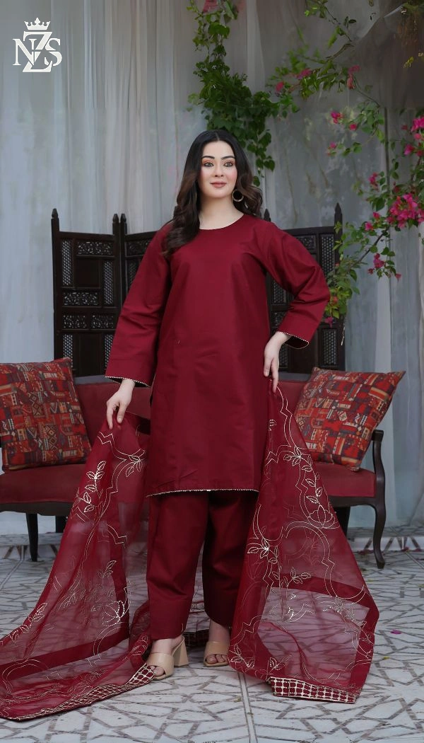 NZS LUXE Lawn Farshi 3-Piece Stitched Suit in Maroon - image 1