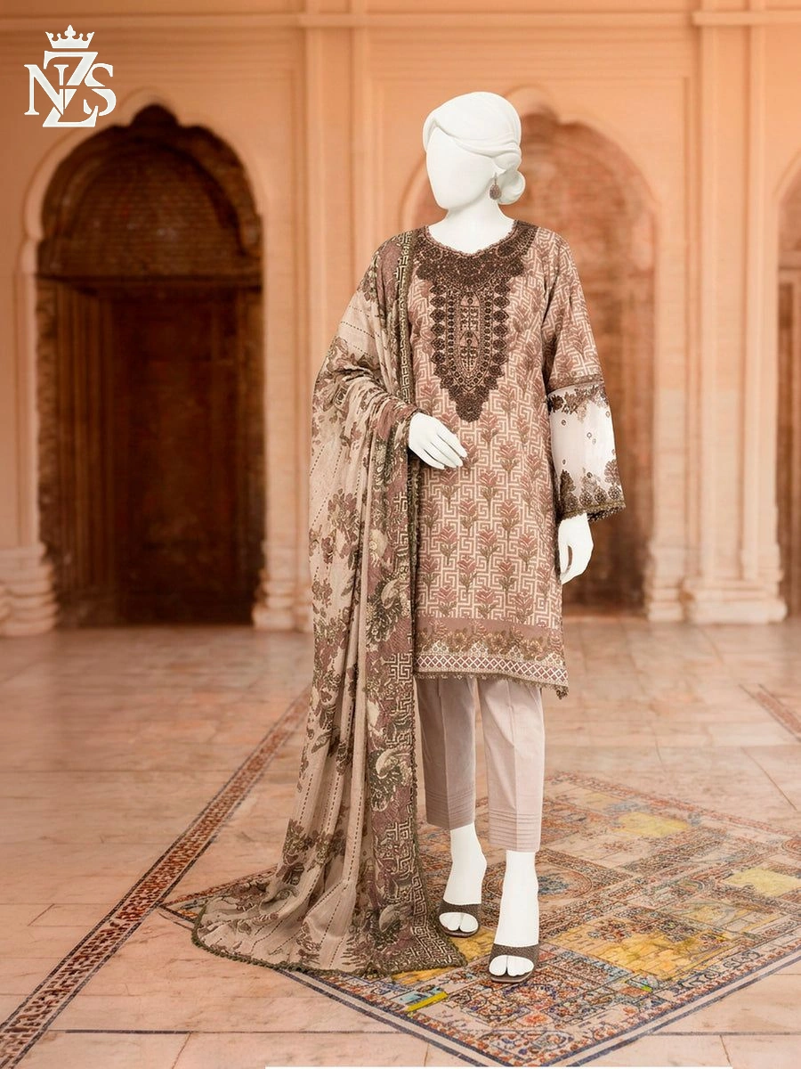 NZS LUXE Embroidered Lawn 3-Piece Stitched Suit in Beige print - image 1