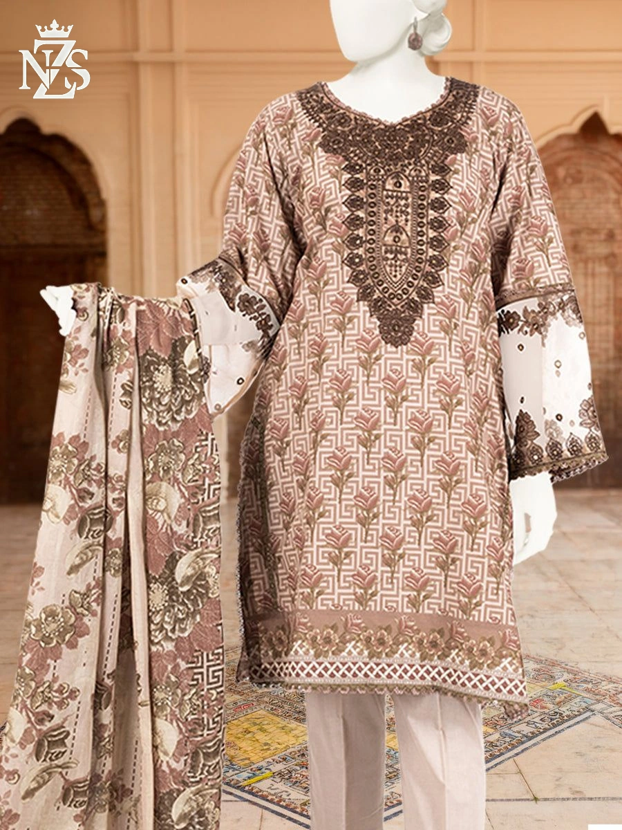 NZS LUXE Embroidered Lawn 3-Piece Stitched Suit in Beige print - image 2