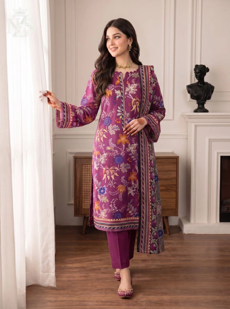 NZS LUXE Printed Lawn 3-Piece Stitched Suit in Plum floral - image 1