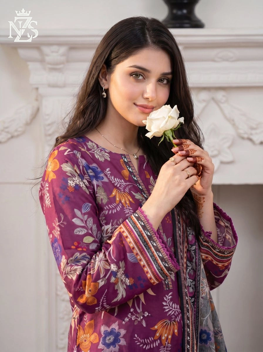 NZS LUXE Printed Lawn 3-Piece Stitched Suit in Plum floral - image 2