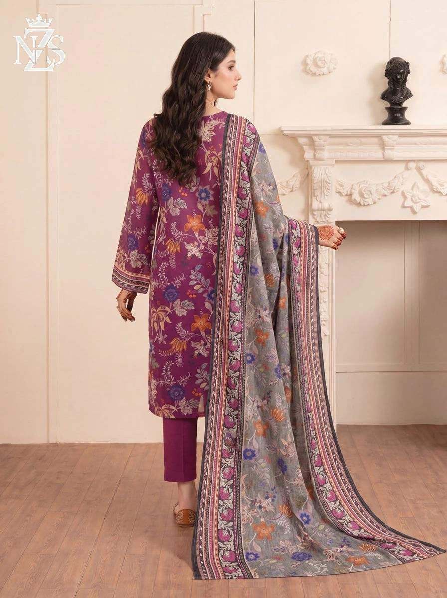 NZS LUXE Printed Lawn 3-Piece Stitched Suit in Plum floral - image 3