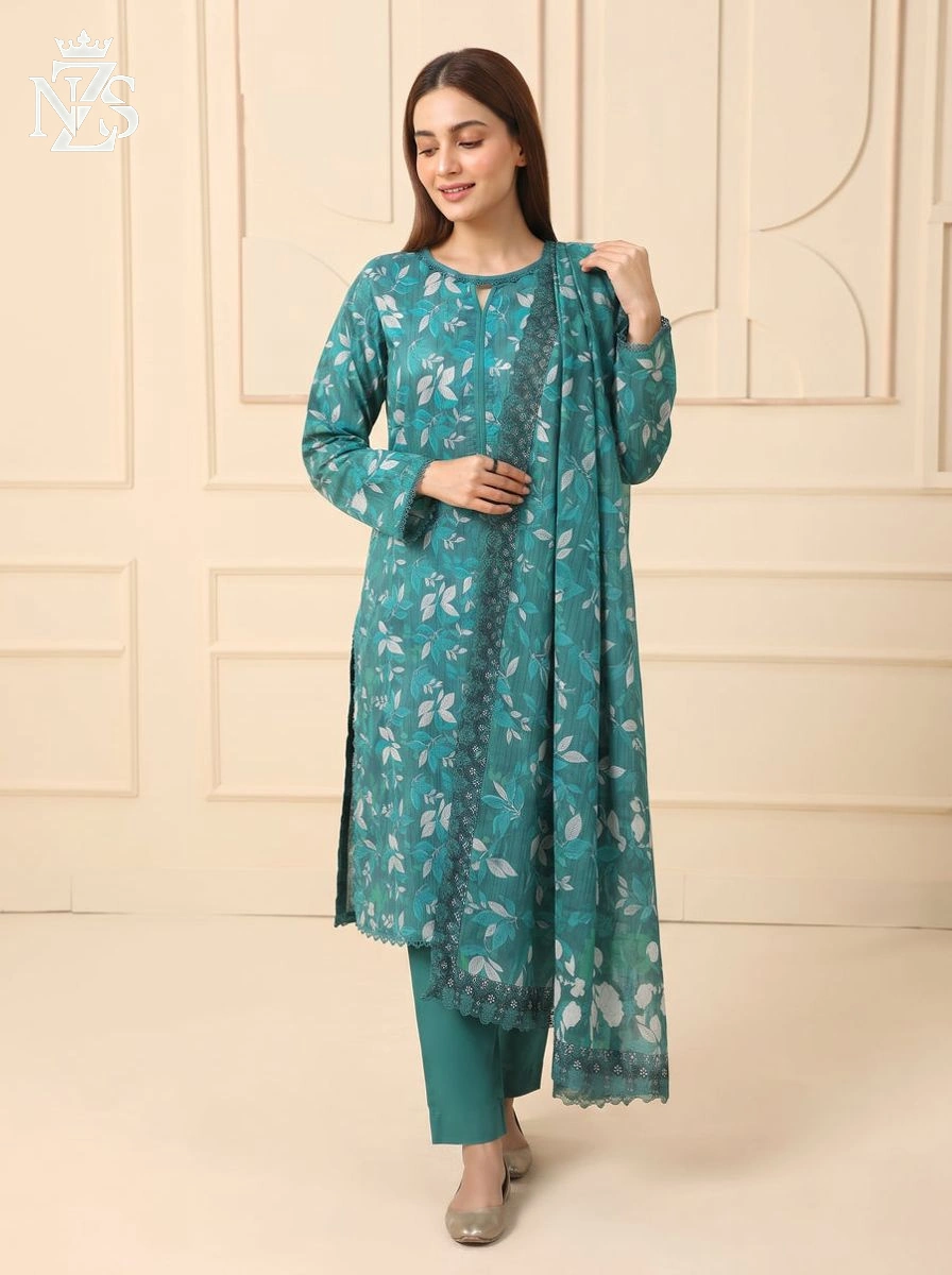 NZS LUXE Printed Lawn 3-Piece Stitched Suit in Teal floral - image 1