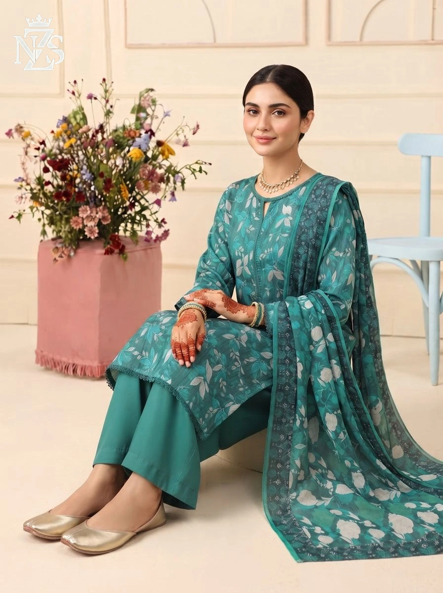 NZS LUXE Printed Lawn 3-Piece Stitched Suit in Teal floral - image 2