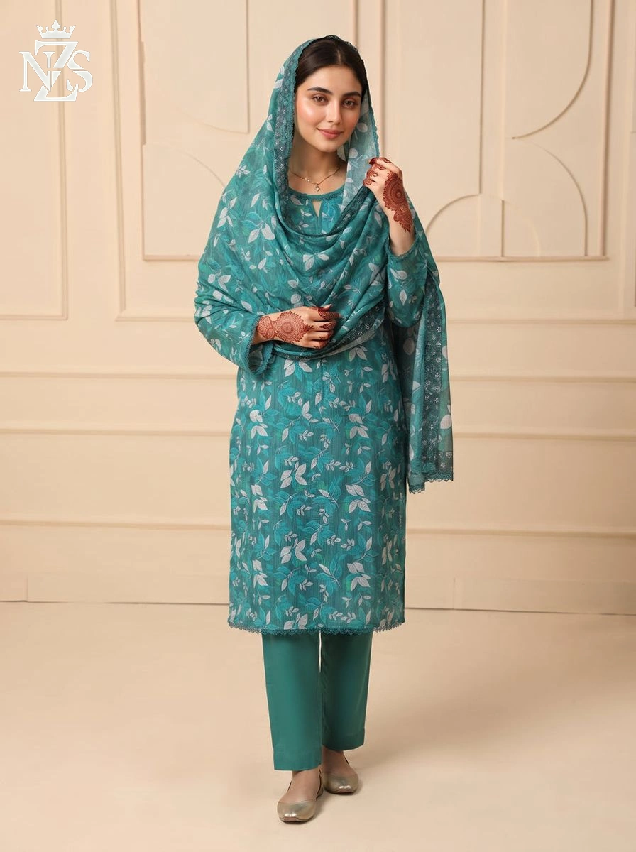 NZS LUXE Printed Lawn 3-Piece Stitched Suit in Teal floral - image 3