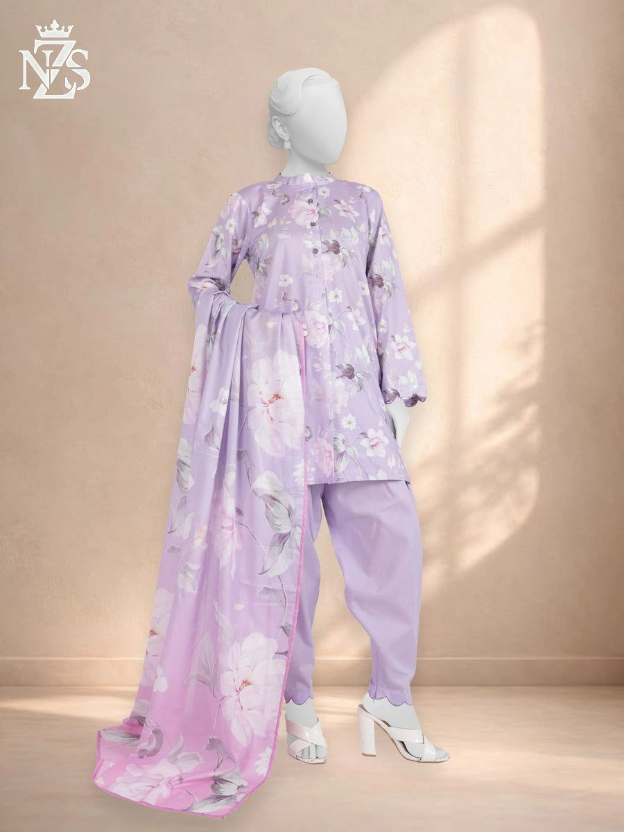 NZS LUXE Printed Lawn 3-Piece Stitched Suit in Lilac floral - image 1