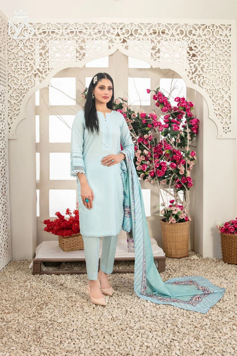 NZS LUXE Lace-trim Cotton 3-Piece Stitched Suit in Ice blue - image 1