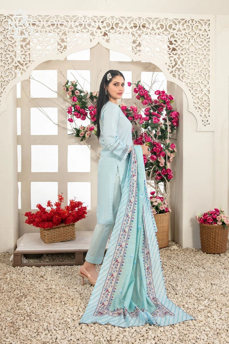 NZS LUXE Lace-trim Cotton 3-Piece Stitched Suit in Ice blue - image 2