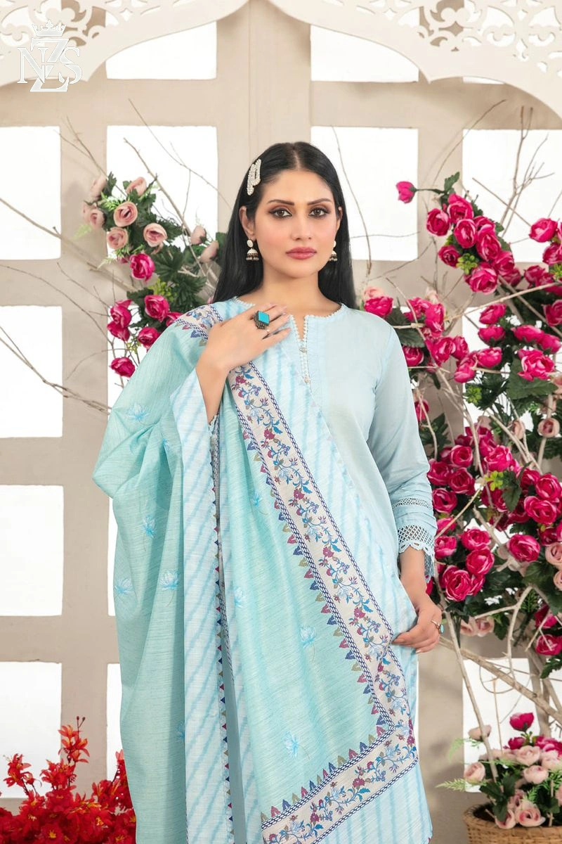 NZS LUXE Lace-trim Cotton 3-Piece Stitched Suit in Ice blue - image 3
