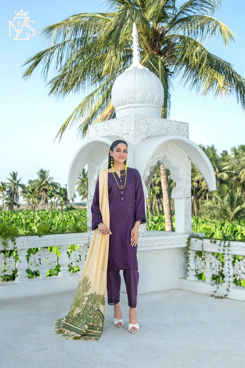 NZS LUXE Jacquard Lawn 3-Piece Stitched Suit in Purple - image 1