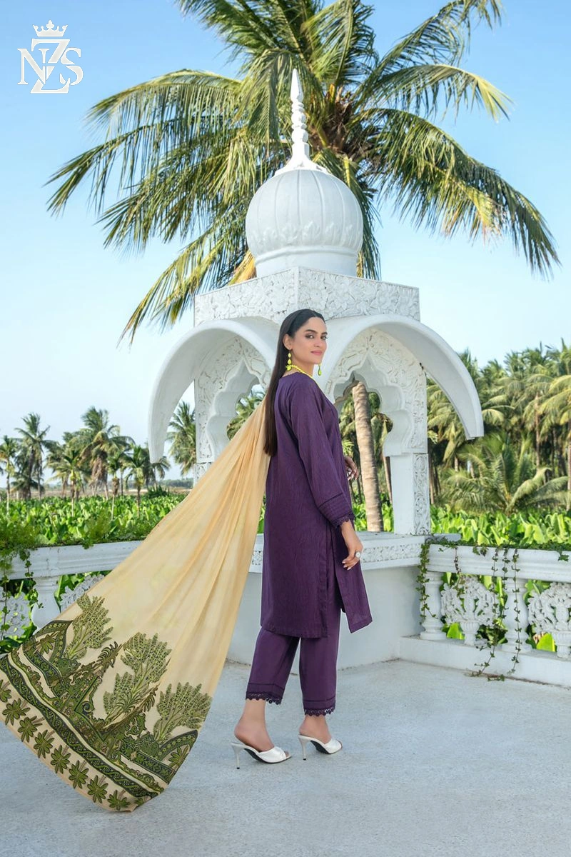 NZS LUXE Jacquard Lawn 3-Piece Stitched Suit in Purple - image 2