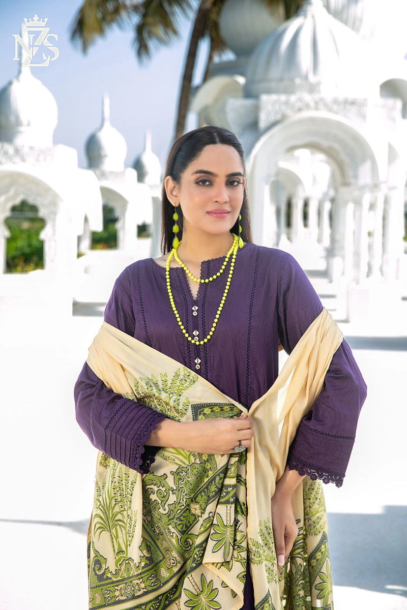 NZS LUXE Jacquard Lawn 3-Piece Stitched Suit in Purple - image 3
