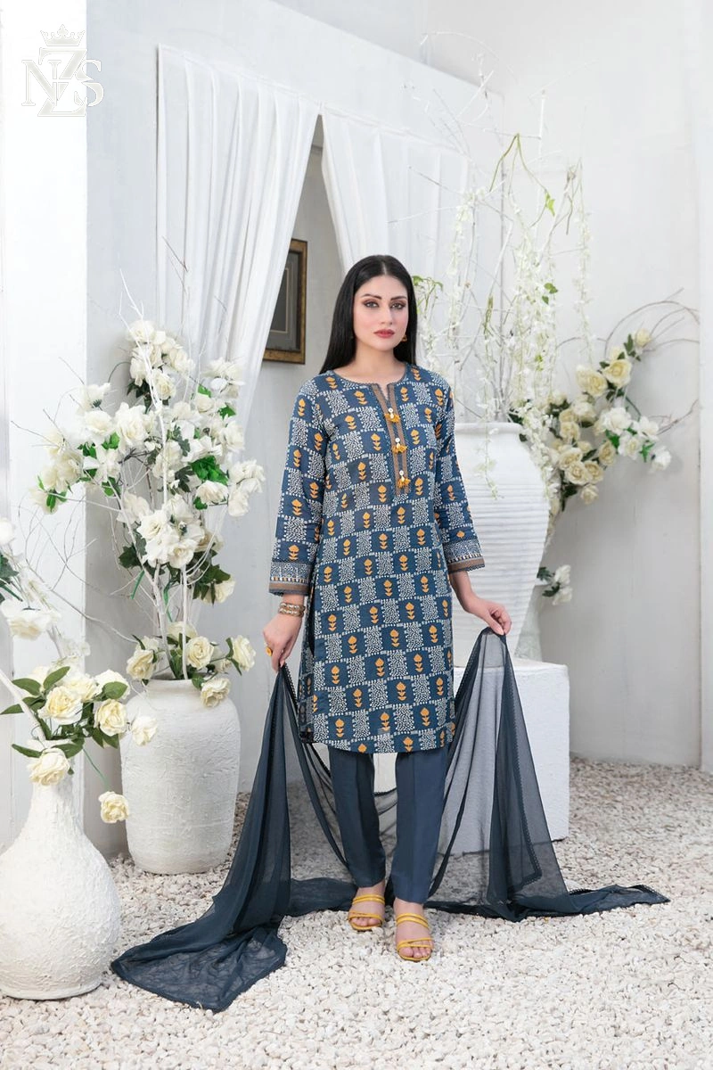 NZS LUXE Printed Lawn 3-Piece Stitched Suit in Grey print - image 1