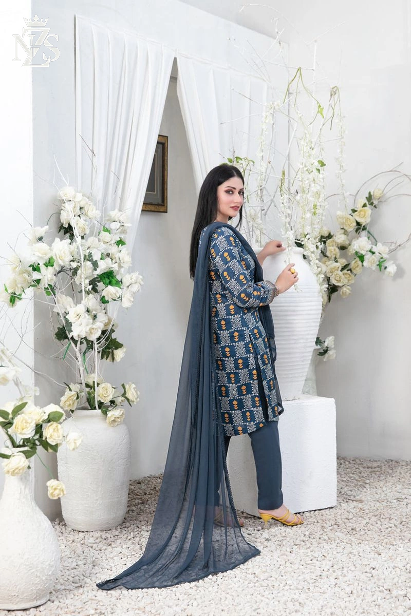 NZS LUXE Printed Lawn 3-Piece Stitched Suit in Grey print - image 2