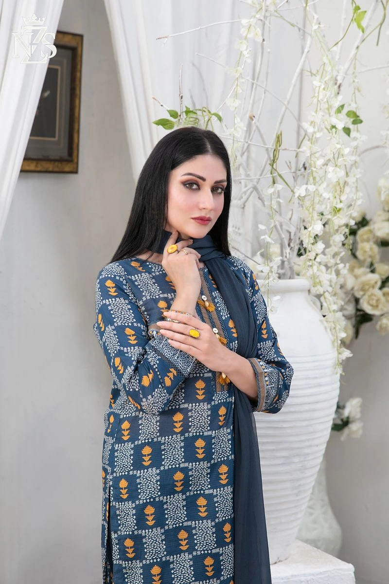 NZS LUXE Printed Lawn 3-Piece Stitched Suit in Grey print - image 3