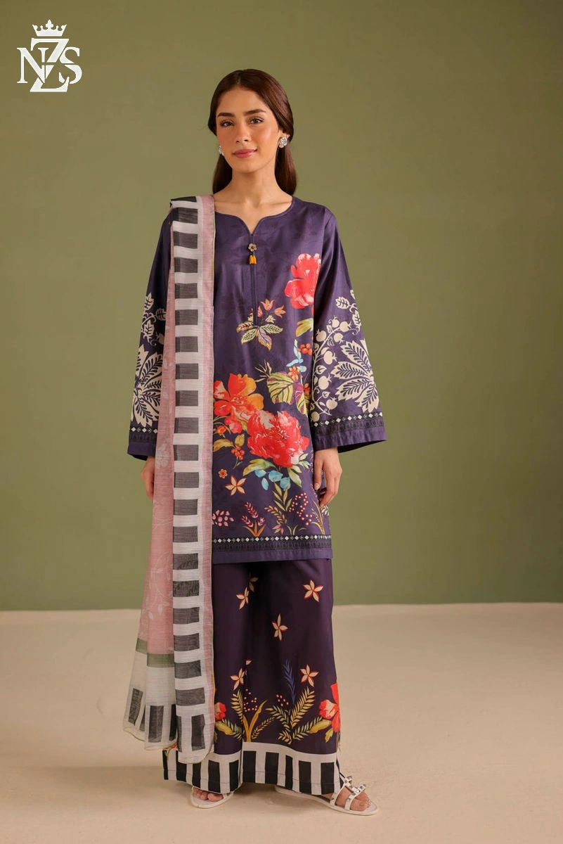 NZS LUXE Printed Lawn 3-Piece Stitched Suit in Navy floral - image 1