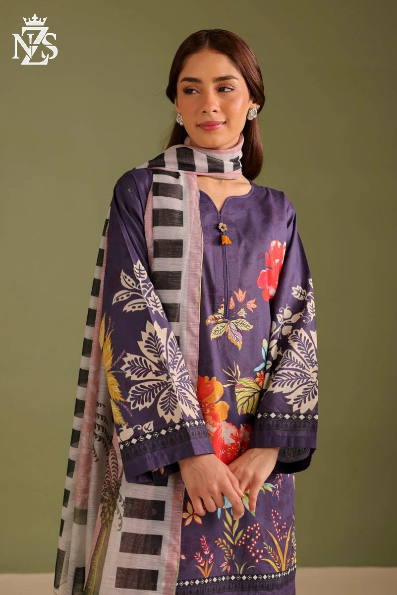 NZS LUXE Printed Lawn 3-Piece Stitched Suit in Navy floral - image 2