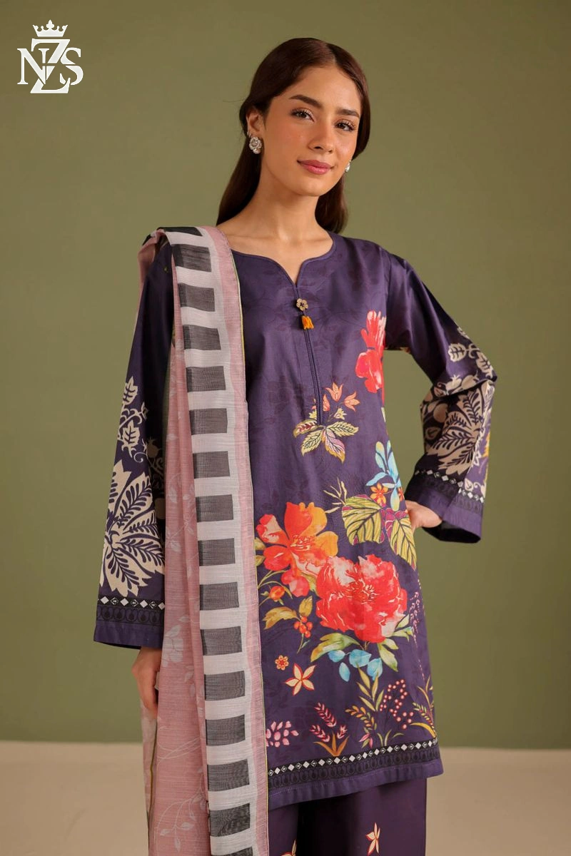 NZS LUXE Printed Lawn 3-Piece Stitched Suit in Navy floral - image 3