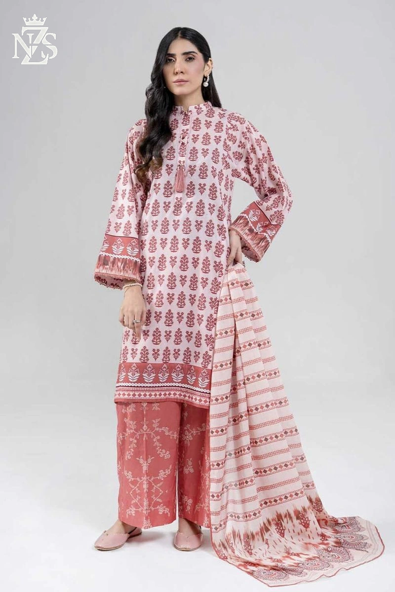NZS LUXE Printed Lawn 3-Piece Stitched Suit in Pastel pink print - image 1