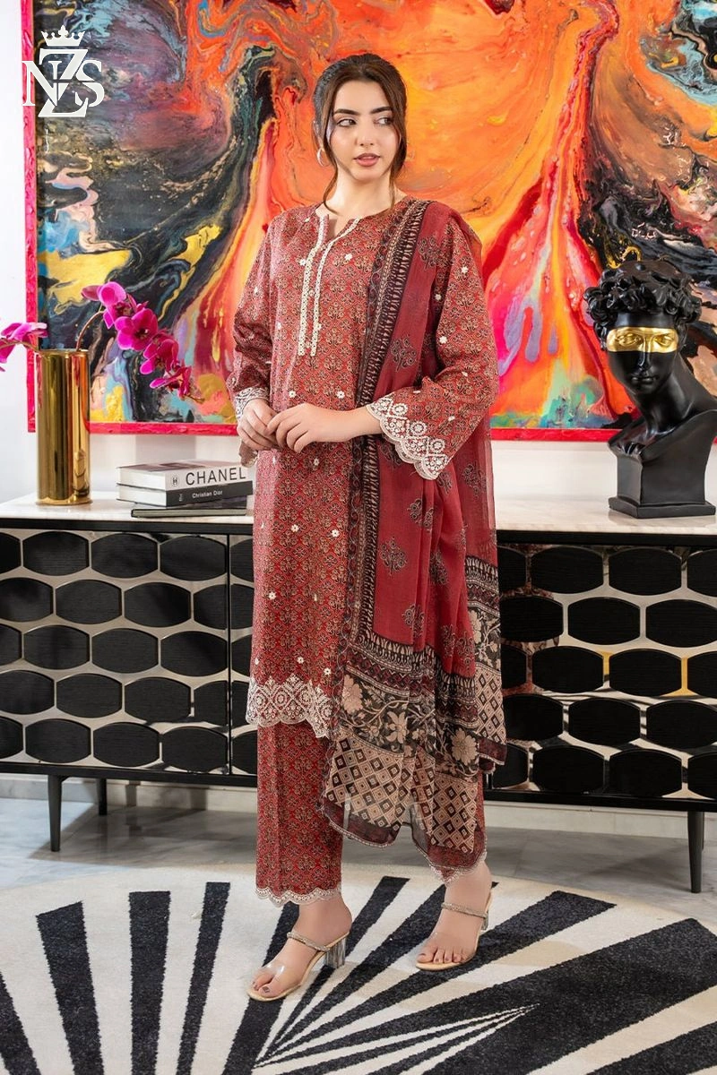NZS LUXE Printed Cotton Lawn 3-Piece Stitched Suit in Terracotta - image 1