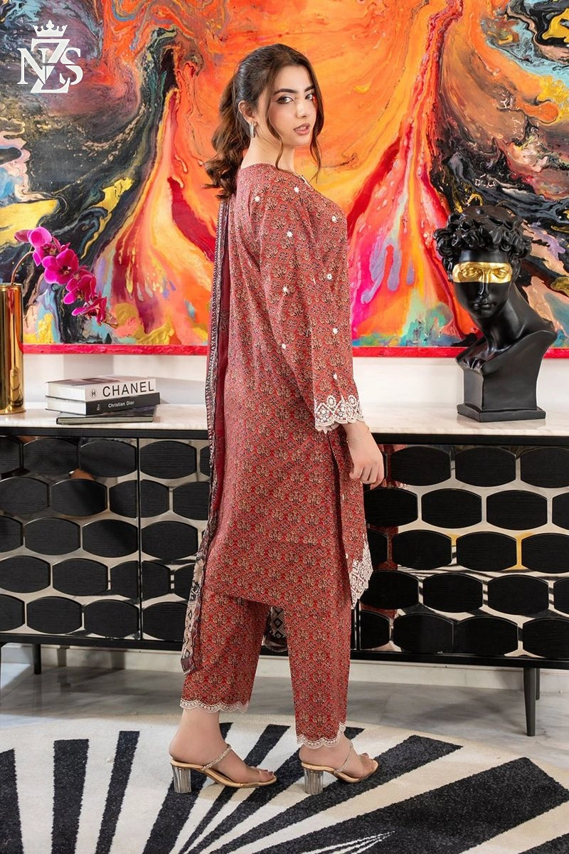 NZS LUXE Printed Cotton Lawn 3-Piece Stitched Suit in Terracotta - image 2