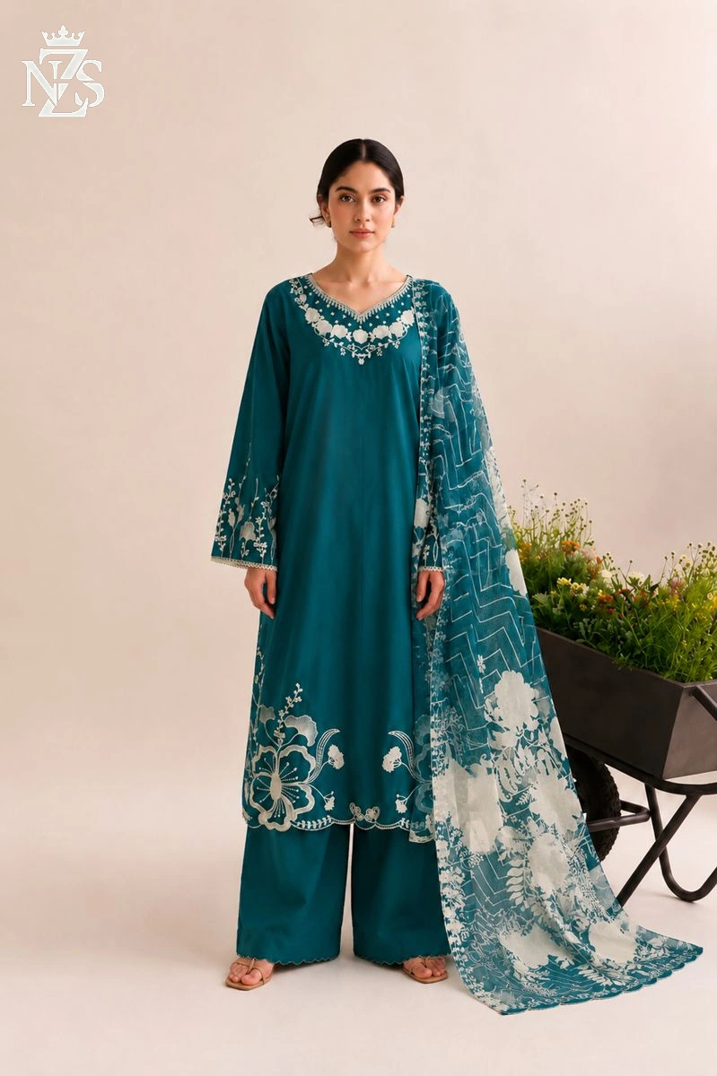 NZS LUXE Chikankari Lawn 3-Piece Stitched Suit in Deep teal - image 1