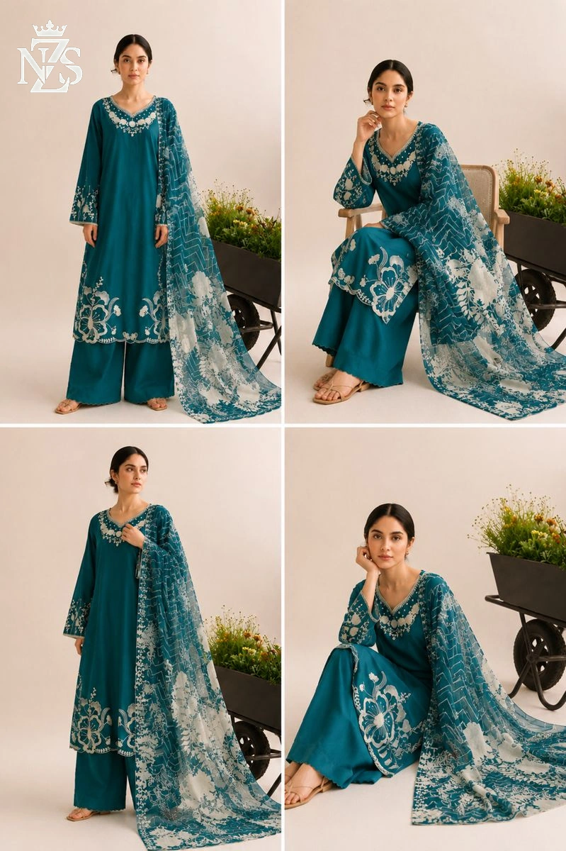 NZS LUXE Chikankari Lawn 3-Piece Stitched Suit in Deep teal - image 2