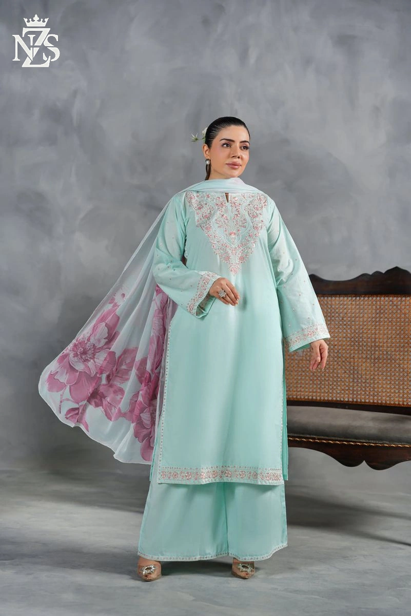 NZS LUXE Embroidered Lawn 3-Piece Stitched Suit in Pastel aqua - image 1