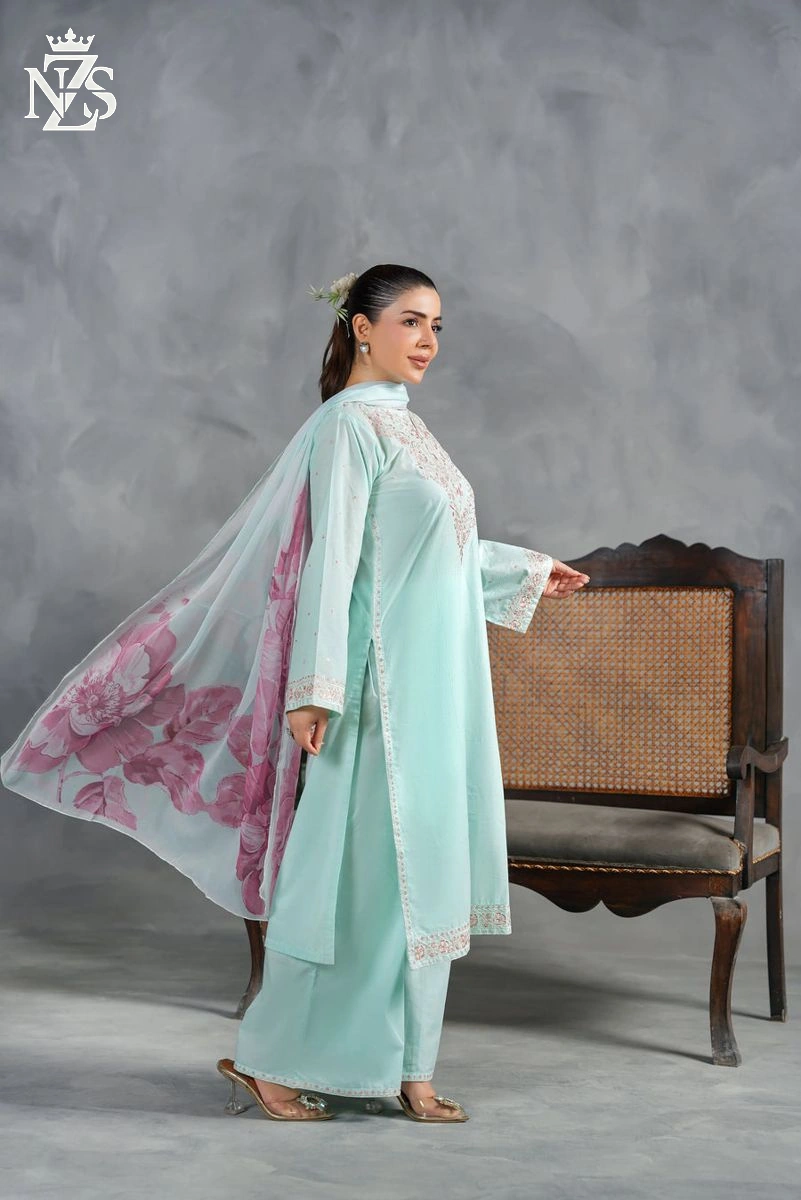 NZS LUXE Embroidered Lawn 3-Piece Stitched Suit in Pastel aqua - image 2