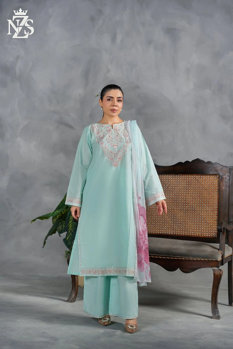 NZS LUXE Embroidered Lawn 3-Piece Stitched Suit in Pastel aqua - image 3