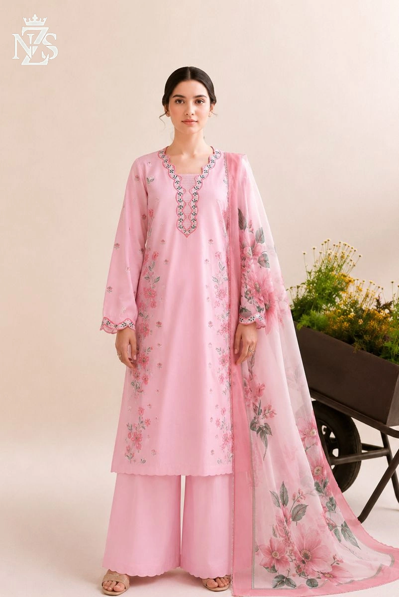 NZS LUXE Embroidered Lawn 3-Piece Stitched Suit in Pink - image 1