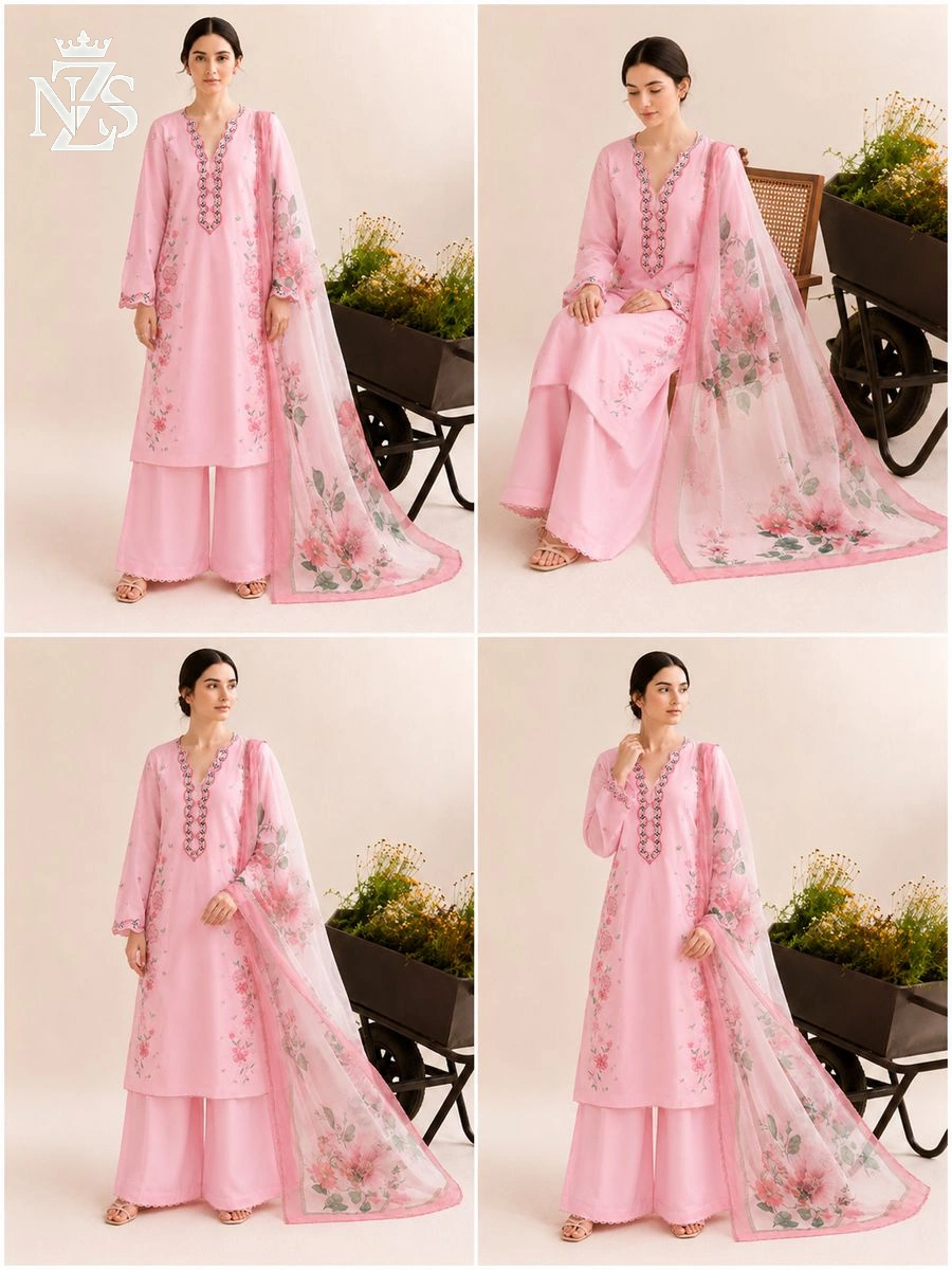 NZS LUXE Embroidered Lawn 3-Piece Stitched Suit in Pink - image 2