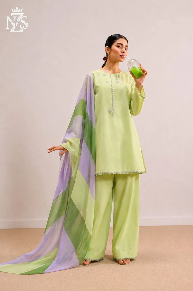 NZS LUXE Embroidered Lawn 3-Piece Stitched Suit in Pistachio green - image 1