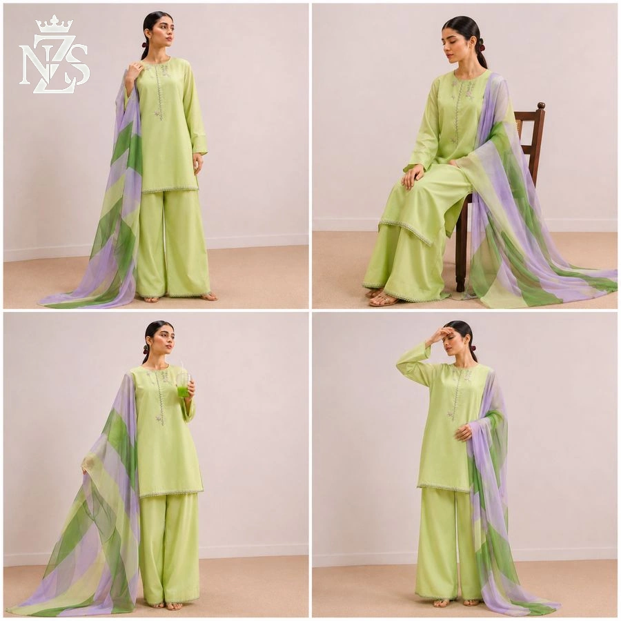 NZS LUXE Embroidered Lawn 3-Piece Stitched Suit in Pistachio green - image 2