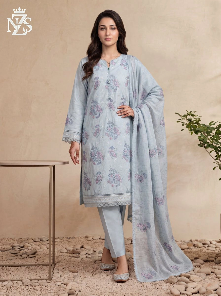 NZS LUXE Embroidered Lawn 3-Piece Stitched Suit in Powder blue - image 1