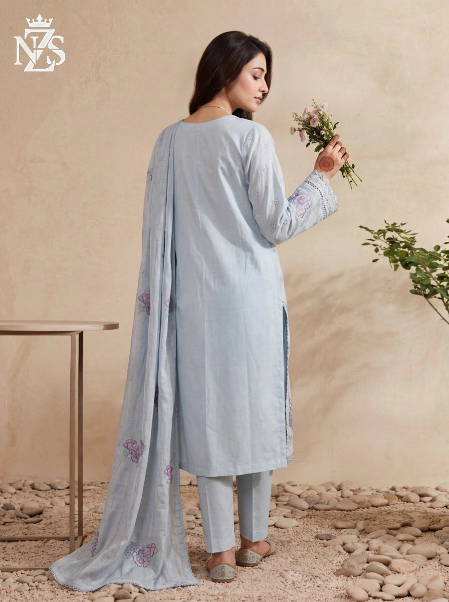 NZS LUXE Embroidered Lawn 3-Piece Stitched Suit in Powder blue - image 2