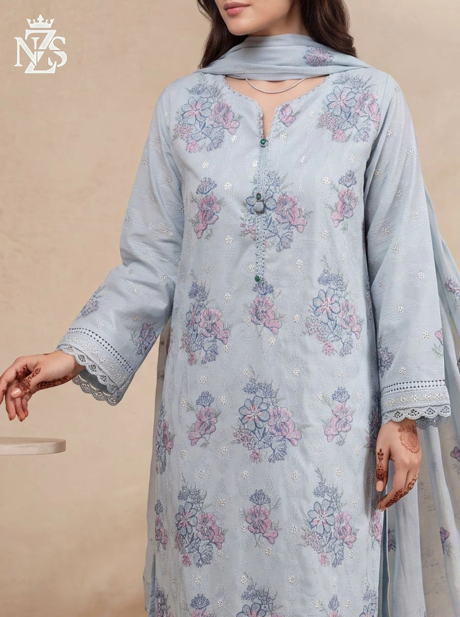 NZS LUXE Embroidered Lawn 3-Piece Stitched Suit in Powder blue - image 3