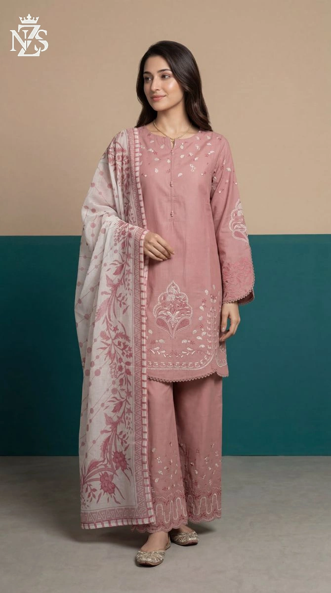 NZS LUXE Embroidered Lawn 3-Piece Stitched Suit in Dusty rose - image 1