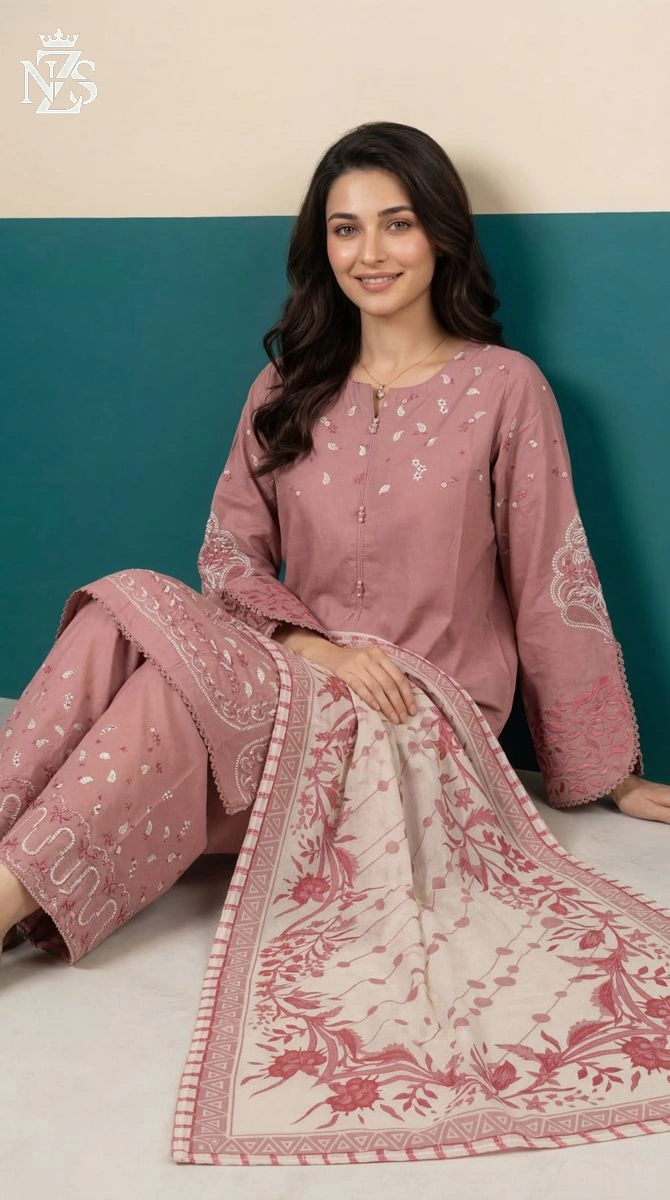 NZS LUXE Embroidered Lawn 3-Piece Stitched Suit in Dusty rose - image 2