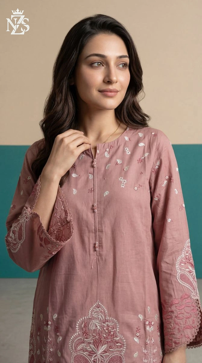 NZS LUXE Embroidered Lawn 3-Piece Stitched Suit in Dusty rose - image 3