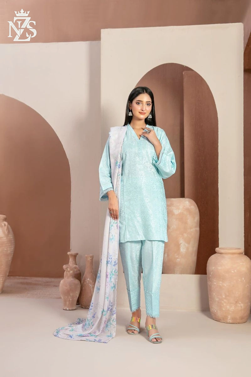 NZS LUXE Jacquard Viscose 3-Piece Stitched Suit in Aqua - image 1